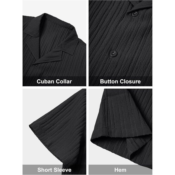 Men Black Casual Cuban Lightweight Short Sleeve Button Down Shirt Textured Beach - Picture 2 of 6
